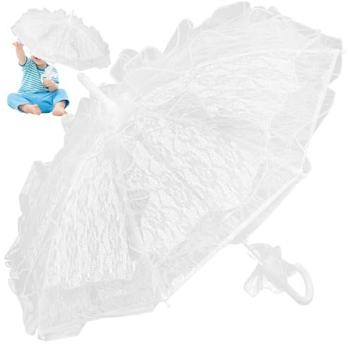 Spitzenschirm für Damen, bestickter romantischer Spitzensonnenschirm mit Metallrippe, exquisiter dekorativer Stockschirm für Teeparty, Hochzeit, weißes Reisezubehör