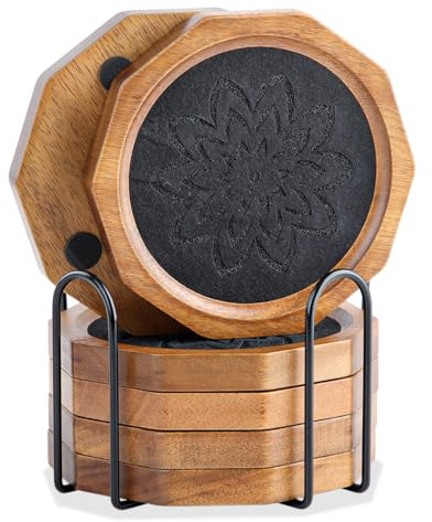 Wood Coasters for Drinks Absorbent with Lip, 4.3 Inch Rustic Acacia Wood Black Felt Coaster with Holder for Wooden Coffee Table for Cups, Mugs, and Glasses - Set of 6