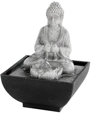 Lumineo Fontana Buddha con illuminazione a LED, 13 x 18 cm, in ceramica, fontana da tavolo, fontana d'acqua, decorazione per soggiorno, balcone, terrazza, grigio, nero