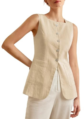 Mina Self Linen Vest Tops for Women 2026 Summer Beige Sleeveless Blazer Lightweight Long Trendy Business Casual Dressy Fitted Women's Outerwear Work Office Fashion Womens Suit Jacket Waistcoat