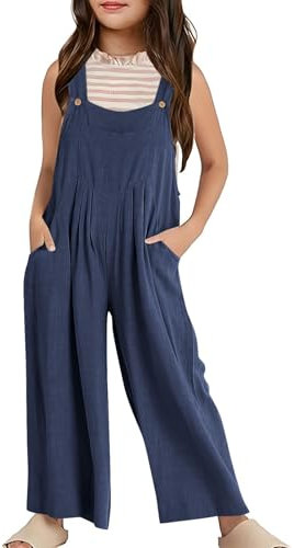 Mädchen Jumpsuit Festlich Ärmelloses Overall 𝗟ang Weites Bein Sommer Hose Latzhosen Einfarbig Spaghettiträger Freizeit Casual Loose Jumpsuits Kinder 𝐌ode Taschen Sommerkleidung (Navy, 9-10 Years)