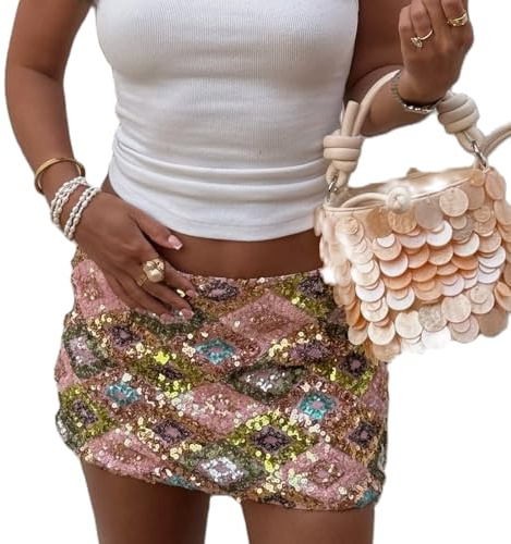 CocMouse Women Y2K Sequin Mini Skirt Sexy Low Waist Sparkle Short Skirts Glitter Shiny Night Out Party Skirt Clubwear (D-Rose Red, M)