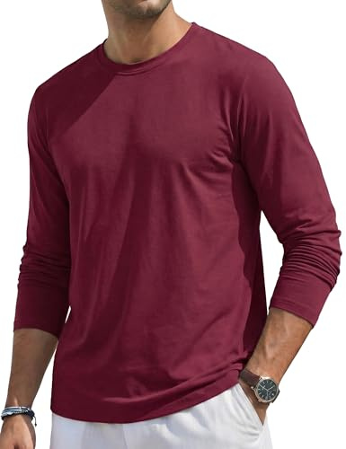 TACVASEN Mens T Shirts Long Sleeve Crew Neck Cotton Plain Tshirts Breathable Comfort Fashion Tee Shirts for Casual Work WineRed, XL