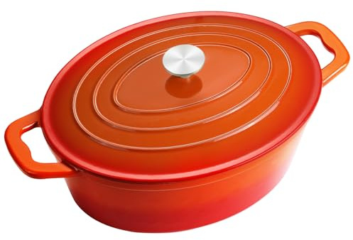 NSIRONS Cast Iron Roasting Dish with Lid, Oval Cast Iron Pot, 7.6 L, Enamel Pot, Large, Oven-Safe, Casserole Pot with Lid for All Types of Cookers, Induction (Orange