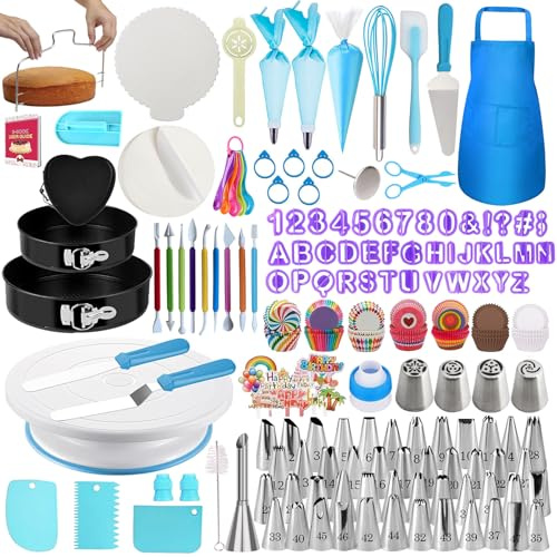 Makmeng 722pcs Cake Decorating Kit - Baking Supplies with Springform Pans, Cake Rotating Turntable, Icing Piping Bags and frosting Tips Set - Cake Decorating Tools for Beginners