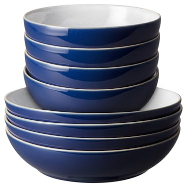 Denby - Elements Pasta & Cereal Bowl Set 8 Piece - Dark Blue, Dishwasher & Microwave Safe, Oven Proof Stoneware Dishes - 4 x Pasta & Cereal Bowls - Ceramic, Chip Resistant Tableware for Everyday Use