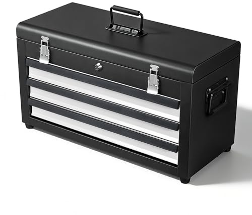 Cityeagle 3 Drawers 22 Portable Metal Tool Box, Heavy Duty Toolbox with Double Locking System & Unique Built-in Drawer Lock, Tool Chest Organizer for Workshop, Garage, DIY Office Storage
