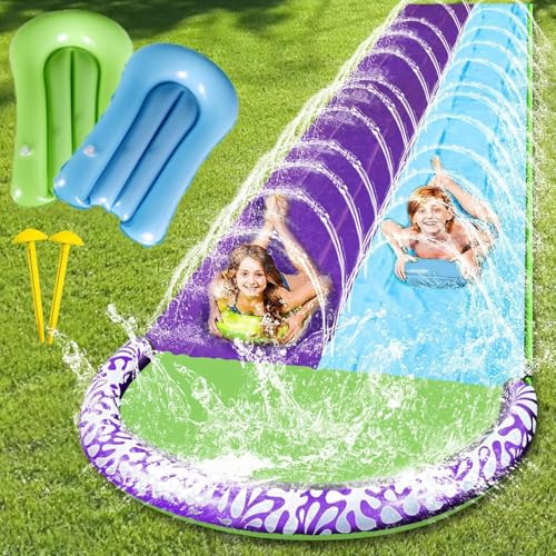 15.8 ft/480 cm Doppio Scivolo ad Acqua Doppio con 2 Bodyboards,Scivolo Acquatico Giardino,Scivolo d'acqua per Piscina Fuori Terra per Bambini e Adulti,Festa Estiva,Prato,Attività Acquatiche All'Aperto