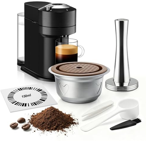FOVNOT Reusable Coffee Capsules for Nes-resso Ve-tuo Pop/Next, Stainless Steel Refillable Pods with Food Grade Silicone Lids and 41mm Tamper (150mL)