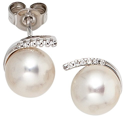 Jobo Damen-Ohrstecker aus 14 Karat 585 Weißgold mit Perlen und 12 Diamanten