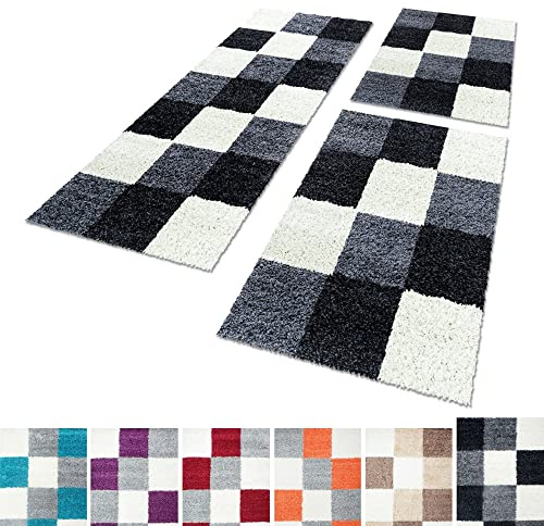 Unbekannt Shaggy Hochflor Teppich Carpet 3TLG Bettumrandung Läufer Set Schlafzimmer Flur, Farbe:Black, Bettset:2x60x110+1x80x150