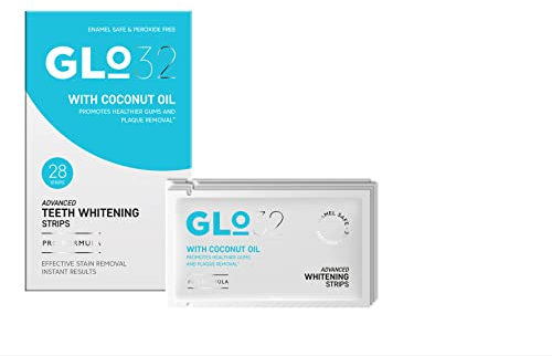GLO32 - Advanced Teeth Whitening Strips - Gentle Teeth Stain Remover with Coconut Oil - Effective in 20min - Peroxide Free - Vegan Cruelty Free - 28pcs