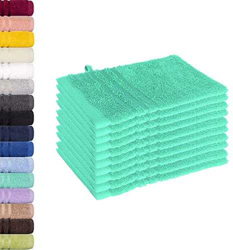 Lavea 10er Set Waschhandschuh 15x21 cm – Saugstarke und Weiche Waschhandschuhe aus 100% Baumwolle, Frottierserie Elena – Waschbar und Strapazierfähig – Türkis