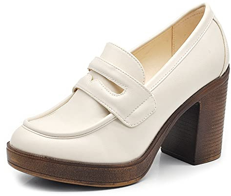 IF Fashion Scarpe Mocassini Décolleté Decollete da Donna con Tacco Largo 9cm e Plateau MP354 Panna N.38