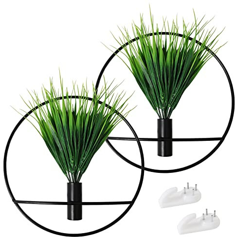 SAJANDAS Set mit 2 Künstlichen Pflanzen mit Rundem Mattes Schwarz Metall-Hängerahmen für Wanddekoration, an der Wand Montierte Kunstpflanzen mit Metallreifen für Moderne Schwarz Wanddeko