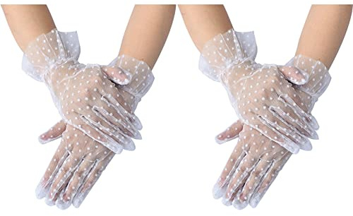 COSFAN 2 Paar Polka Dot Spitzenhandschuhe,Elegante kurze Mesh Handschuhe,Tea Party Handschuhe für Frauen,Höfliche Sommer Handschuhe für Hochzeit Halloween