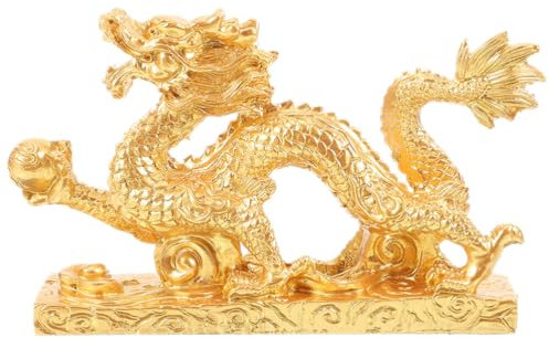Uonlytech Figura de dragón dorado, signo del zodiaco, estatua de dragón chino, escultura, signo del zodiaco, figura decorativa, figura de animal, Feng Shui, fortuna, amuleto de la suerte, adorno de