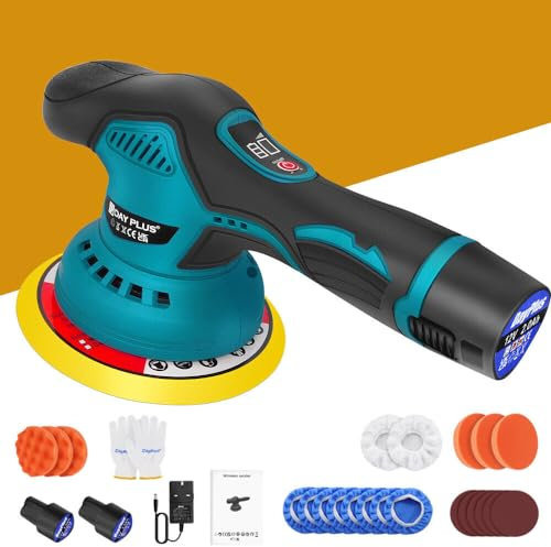 Battery Powered 6 Cordless Rotary Car Polisher Buffer Sander Polishing Machine with 2PCS 12V 2.0Ah Battery, 2800-5500 RPM, 8 Variable Speed, 125mm Base for Car Care Furniture Polishing Sanding