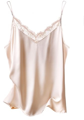 Ekouaer Women's Satin Camisole Lace Silk Satin Pajama Tank Tops V Neck Soft Spaghetti Strap Loose Sleepwear Champagne S