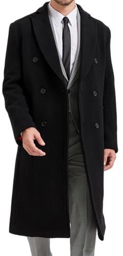 The Platinum Tailor Mens Black Overcoat Wool & Cashmere Double Breasted Long Coat Winter Jacket (US, Numeric, 40, Regular, Regular, Black - Red Lining)