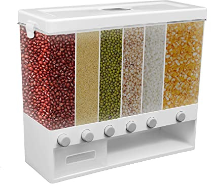 Estabeter 6-i-1 müsli-dispenser, rivdispenser, väggfäste, ris, spannmålsbehållare, spannmålsdispenser, väggmonterad, torrfoder, förvaringsdispenser, risbehållare, Köksförvaring Behållare