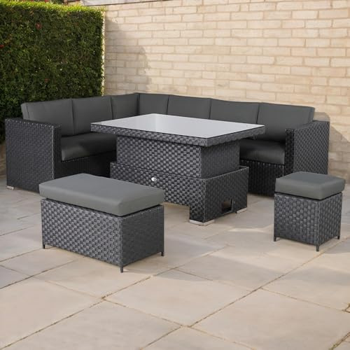Club Rattan Rattan Corner Sofa Set Rattan Garden Furniture Set Patio Corner Sofa Set with Rising Table and Washable Cushions (black, 8 seats)