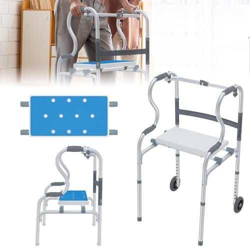 UISEBRT Gehbock Klappbarer aus Aluminium, Gehhilfen mit 2 Rädern und Ergonomische Griff, Gehbock 8 Gang HöHenverstellung mit Abnehmbarem Sitz, MobilitäTshilfen Rutschfest Stabil Gehhilfe für Senioren