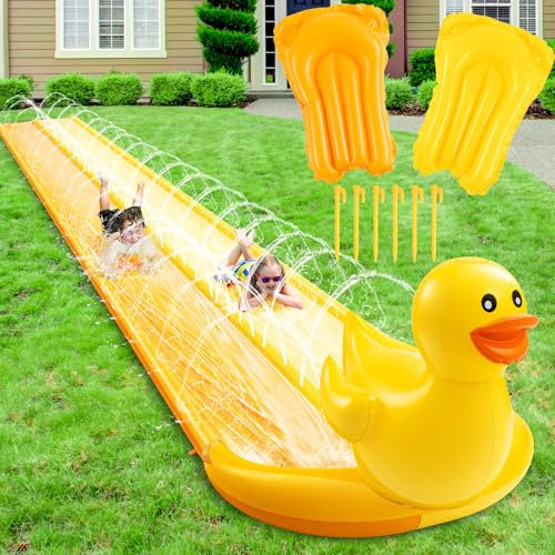Foilswirl 20ft 3D Duck Slip Water Slide Double Lane Lawn Water Slides 3 Sided Safe Fence Heavy Duty Inflatable with 2 Bodyboards and Sprinkler for Boy Girl Outdoor Backyard Play