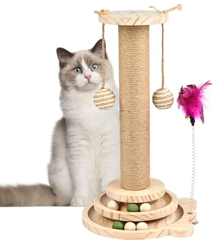TSKDKIT Scratching Posts for Indoor Cats, 2-in-1 Tall Cat Scratching Post with Interactive Wooden Ball Toy, Kitten Enrichment Toys Wooden Rolling Ball Track Toy (Tall 45cm)