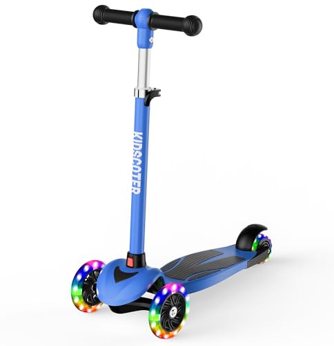 Blue Kids Scooter Ages 3-12, 3 Wheel Lean to Steer Scooter LED Wheels