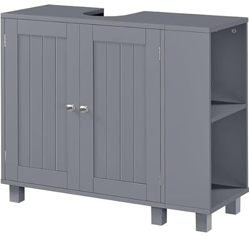 Yaheetech Waschbeckenunterschrank, Unterschrank, Badezimmerschrank mit 2 Türen, rechts oder Links austauschbar, Badschrank, höhenverstellbare Ablage, Dunkelgrau, 75x30x62 cm