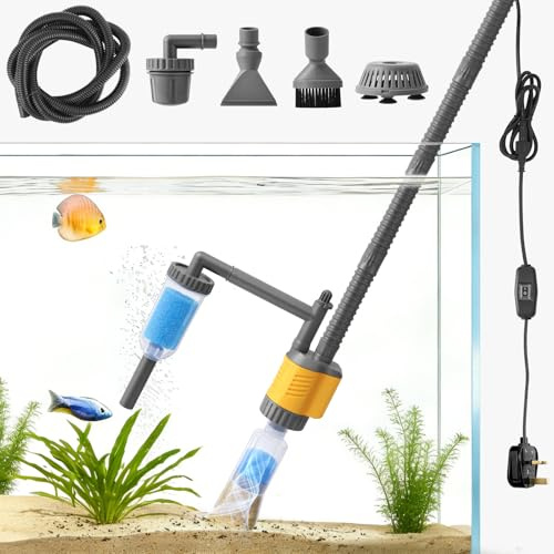VILLNO 20W Electric Aquarium Vacuum Gravel Cleaner, 8 in 1 Removable Fish Tank Siphon Cleaner Gravel Vacuum for Aquarium, Strong Suction for Change Water Wash Sand Clean Algae Water Circulation