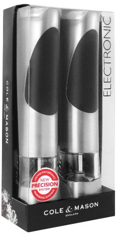 Cole & Mason Richmond Electronic Salt & Pepper Mill Gift Set - One-Button Electric Spice Grinder with Large Grinding Chamber - Requires 6 AAA Batteries - Hand Wash Kitchen Tool - Stainless Steel