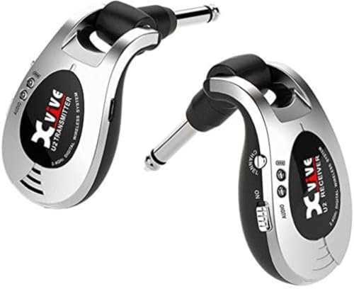 XVIVE U2 - Sistema Wireless Digitale per Chitarra Elettrica Acustica e Basso, Trasmissione in Banda 2,4Ghz, Range di 30m - Fino a 5 Ore di Autonomia, Doppio Cavo USB per Ricarica Incluso, Jack Snodati