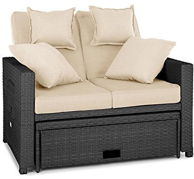 blumfeldt Komfortzone Sofá de ratán Dos plazas con Mesa Plegable (resplado inclinable, apoya pies, para jardín y terrazas, Tumbona, snackbar) - Negro