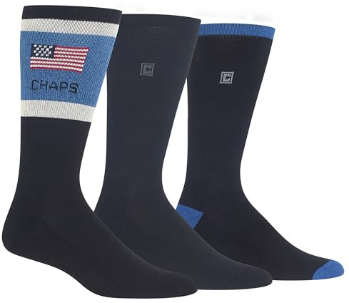 Chaps Mens Casual Flag Stripe Crew - 3 Pair Pack Dress Sock, Flag (Black/Blue), 6-12 US