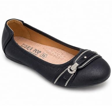 Primtex Bailarinas Mujer Suela Cuero Negro, Blanco, Marina, Flexibles Hebilla Plateada Rhinestone Suela, Negro , 37 EU