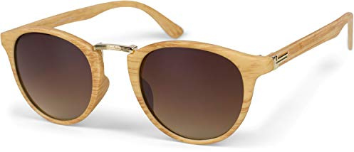 styleBREAKER Lunettes de soleil pour femmes en bois avec verres ronds, pont en métal, monture en plastique pleine 09020083, Monture brun clair-or/verre dégradé brun