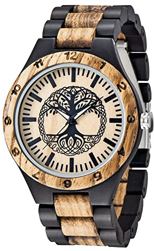 Dentily Men's Wood Watch Engraved Tree of Life Pattern Quartz Watch for Men Hand-Made Wooden Watches