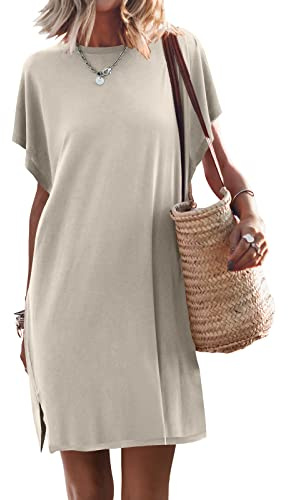 ANRABESS Women’s Summer T Shirt Dress 2026 Beach Vacation Travel Outfits Casual Simple Soft Mini Sundress Cover Up Clothes Light Gray X-Large