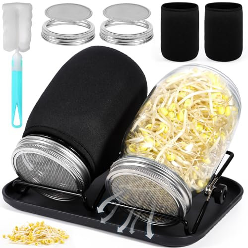 MOYKSRR Bocal de Germination de Graines, 2 x 1000ml Germoir en Verre Bocal à Germes,2 Couvercle à Grille en Acier Inoxydable,2 Support,1 Plateau,2 Toile d'ombrage et 1 Brosse, Germes de Graines