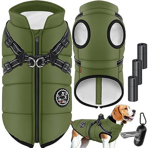 LOVPET® Hundejacke Hundemantel mit Geschirr, inkl. 45 Stück Kotbeutel + Spender, Hunde Winterweste gefüttert wasserdicht, Gepolsterte Weste Mit Brustgurt, Reflektoren, D-Ring L, Khaki