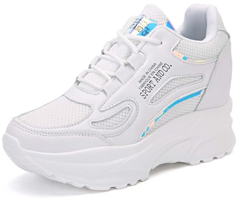 MIXSEN Scarpe con Zeppa Interna Donna Scarpe Sportive Casual Respirabile Sneakers Tacco Nascosto Zeppa 8CM(Bianco-Blu,37EU)