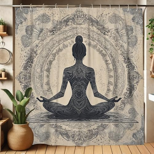 Meditations-Duschvorhang, Yoga-Mädchen-Duschvorhang für Badezimmer-Dekor, modern, minimalistisch, wasserdicht, Stoff-Duschvorhang-Set mit Haken, 183 x 183 cm, Schwarz und Beige
