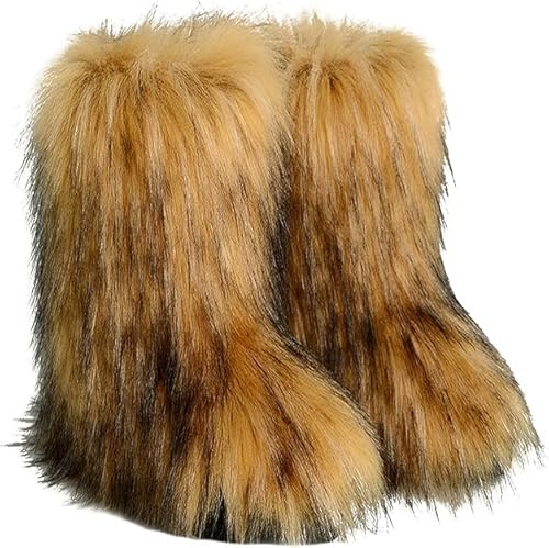 NWSTESLE Women's Faux Fur Boots Furry Boots y2k for Girls Fuzzy Fluffy Winter Snow Boots Warm Outdoor Indoor Mid-Calf Flat(Brown,7)
