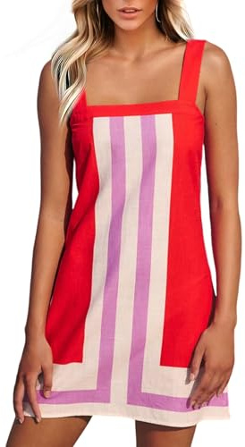 Fiona Jolin Women's Striped Mini Dress Boho Shoulder Strap Sundress Summer Cover Up Dress for Beach (Red-S)