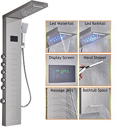 Duschblandaresystem LED Duschpanel Badkar Duschkran Temperatur Digital Display Badkar Kran Kroppsmassagesystem Torn Duschpelarkran,8013 Brushed Nickel-X