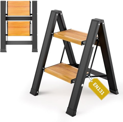 KULACO Escabeau pliable à 2 marches en aluminium avec large pédale antidérapante, échelle légère jusqu'à 150 kg, pour la maison, le bureau, le garage