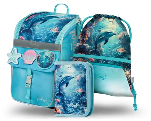 Baagl Schulranzen Mädchen Set 3 Teilig (Zippy Schultasche für 1. Klasse, Mäppchen, Turnbeutel), Grundschule Ranzen Tornister mit Brustgurt, Ergonomischer Schulrucksack, 18 l (Delfin)