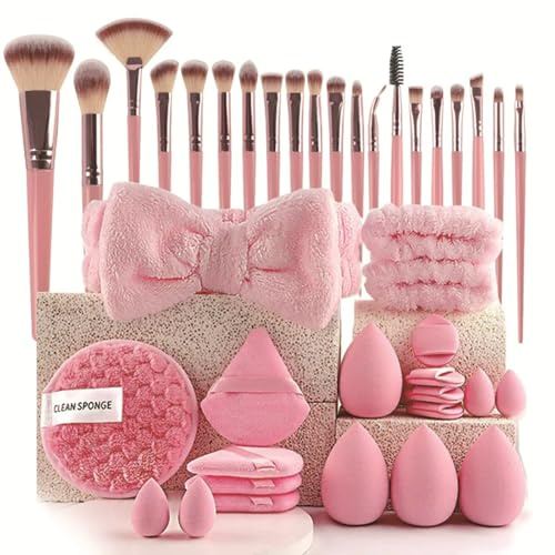 Juego de 40 pinceles de maquillaje profesional para mujeres, mezclas de base, herramientas de belleza premium, esponja para base, aplicadores de maquillaje (40 unidades, rosa1)